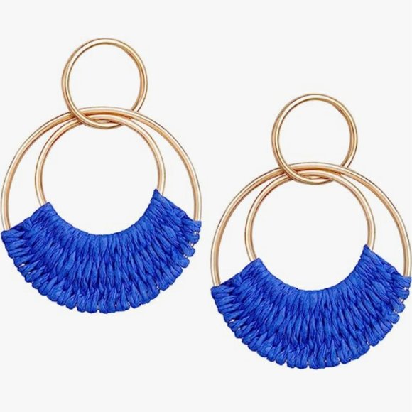Blue Woven Raffia Gold Hoop Earrings Wicker Hoops Links Post Vacation Style New - Picture 4 of 6